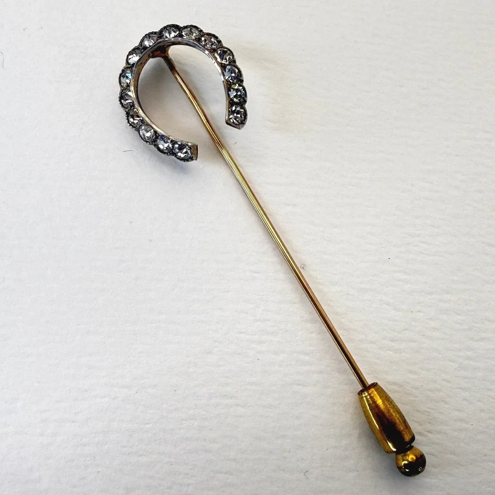 Antique Horseshoe Stick Pin Clear Paste Stones Sterling Silver Equestrian